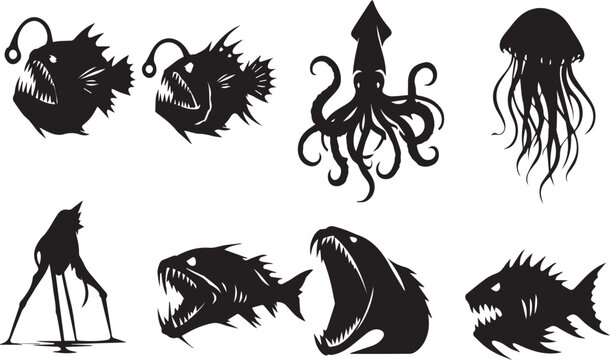 Collection of sea monster silhouettes including fish squid jellyfish