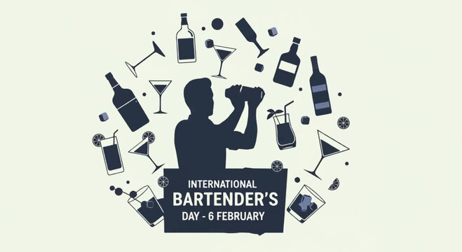 Bartender's day celebration with cocktail shaker and drinks on international bartender's day february 6th bar tools and bottles