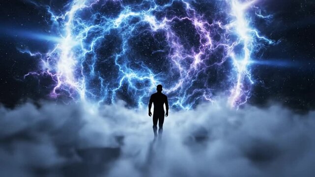 Silhouette of Man Walking Toward Glowing Energy Portal in Space, Spiritual Journey to Enlightenment, Cinematic Science Fiction Concept