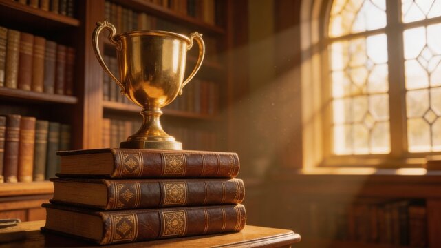 Golden Trophy in the Study: A golden trophy sits regally atop a stack of vintage books in a warm, inviting study, bathed in the soft glow of sunlight streaming through a window.