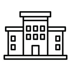 Simple line drawing of a building with a flat roof and several windows icon © Nur