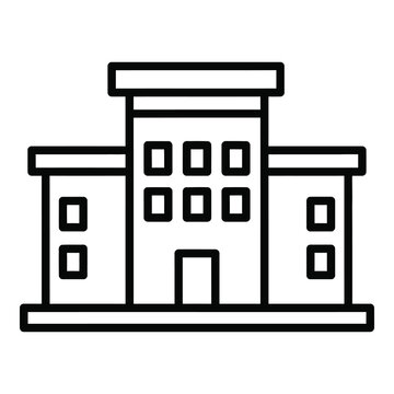 Simple line drawing of a building with a flat roof and several windows icon