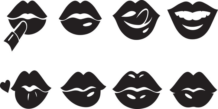 Collection of various black lipstick kiss mark icons on white background