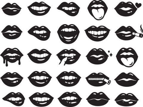 Collection of various black lip silhouettes and mouth expressions on white background