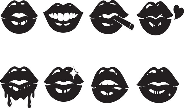 Collection of eight black lip silhouettes with various expressions on white background
