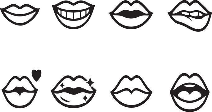 Collection of various cartoon lips and mouths with different expressions on white background