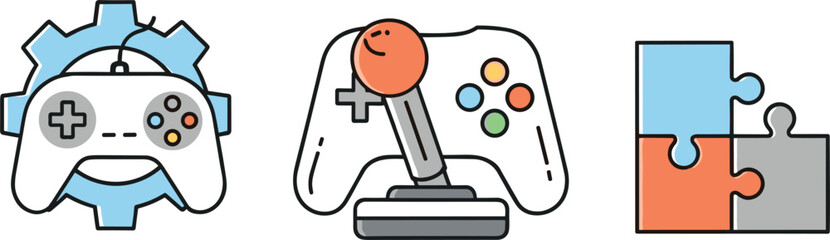 Gaming controllers and puzzle icon set including joystick gamepad gear pieces vector illustration colored isolated entertainment design collection © V Stock