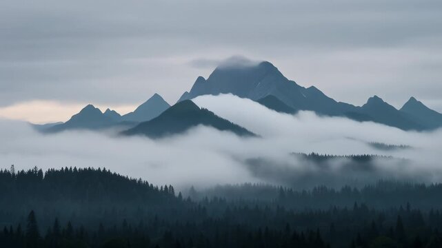 Foggy mountain range softly emerging above dark dense forest with low drifting clouds scenic nature landscape