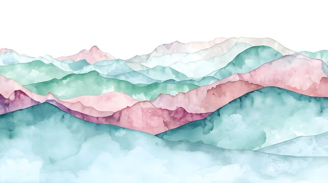 A beautiful watercolor landscape depicts an expansive panorama of layered mountains rendered in soft pastel shades of pink, green, and blue, creating a serene and ethereal artistic vista.