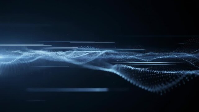 Futuristic digital wave flowing through dark space with glowing shimmering light effects
