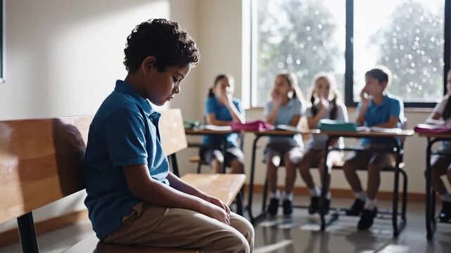 Sad Boy Sitting Alone and Excluded by Classmates in School