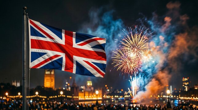 Vibrant nighttime photo of the Union Jack flag waving proudly against a backdrop of colorful fireworks illuminating the London skyline, featuring Big Ben and the Houses of Parliament