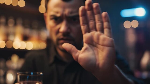 Man refusing a drink in a dimly lit bar with raised hand showing firm refusal and strong body language