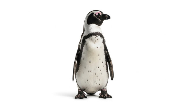 African penguin standing on white background looking right