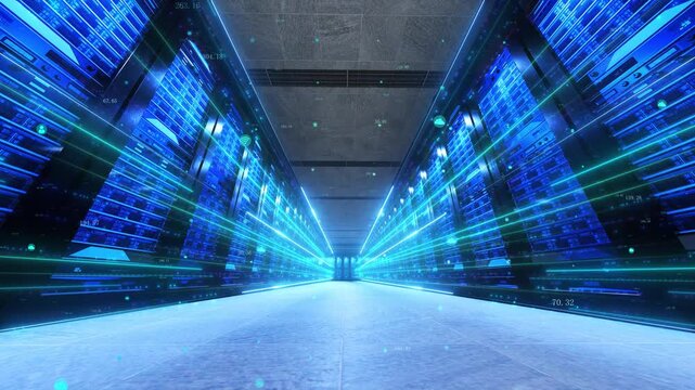 Data center server rooms and flowing data information