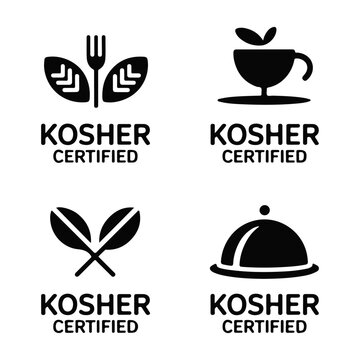 Kosher Certified Badge Set Black Vector Food Icons Fork Leaf Cup Cloche Jewish Food Label