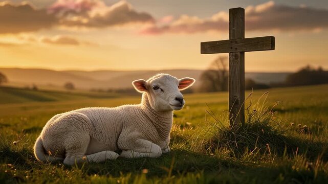 Peaceful lamb resting beside wooden cross in sunlit meadow at sunset symbolizing tranquility and faith