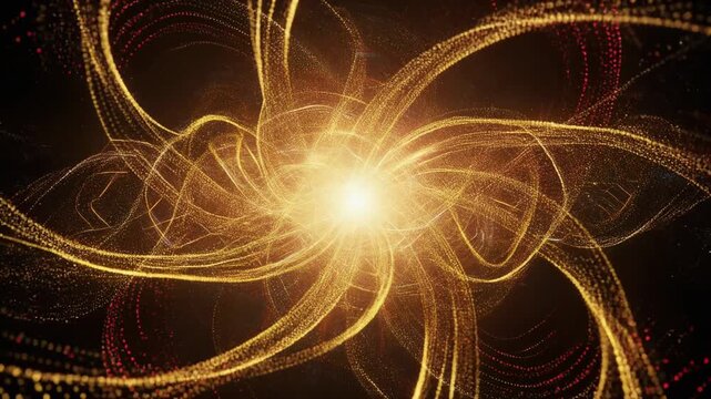 Radiant glowing core with golden particles spiraling outward creating mesmerizing light waves