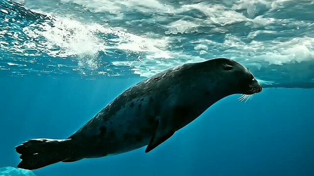 Wild seal glides beneath frigid ice, exploring the deep blue
