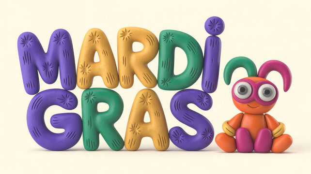 Mardi Gras colorful clay letters and mascot character with purple green and gold festive decorations and beads  fun party symbol