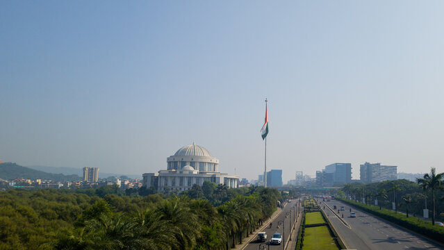 4K Image of Navi Mumbai Mahanagar Palika Building Showcasing Indian National Flag, Modern Government Architecture with Detailed Exterior Facade and Urban Civic Infrastructure Landmark