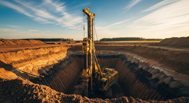 Industrial drilling rig working in an open pit construction site at sunset