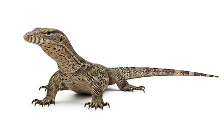 Fototapeta premium Brown and black monitor lizard standing against white studio background