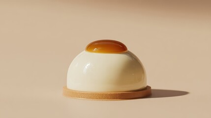 Fototapeta premium Elegant dome shaped mousse pastry with caramel glaze on beige background