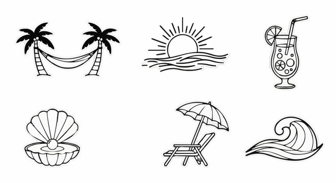 Black and white set of leisure icons beach hammock sun cocktail shell chair wave