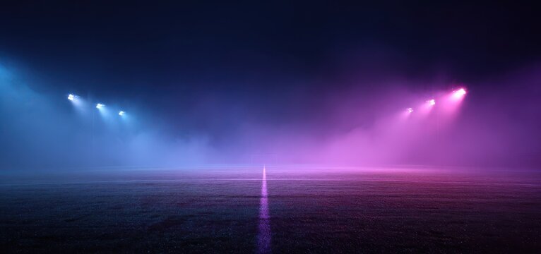 A wide cinematic sports background or banner featuring an empty soccer field illuminated by pink and blue neon lights with thick atmospheric fog and a central white line.