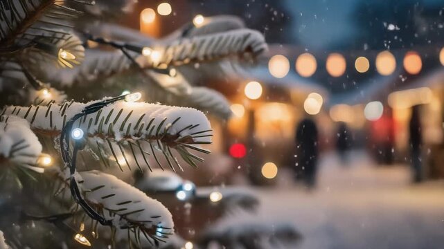 Snowy pine tree branch with twinkling holiday lights gently swaying in winter landscape