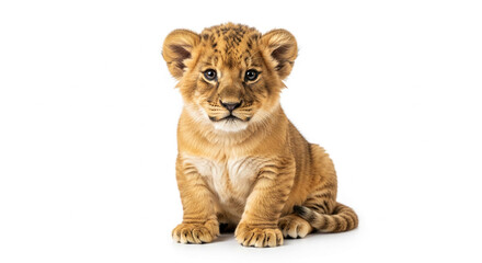 Obraz premium Cute lion cub sitting looking at camera on white background