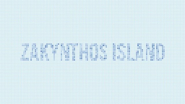 Zakynthos Island dotted map animation. Digital style shape of Zakynthos Island with title. Blue dots appear with flickering effect. Greece. Creative Intro, outro, title, logo video.