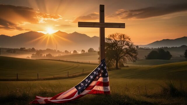 Peaceful hillside with wooden cross and American flag under golden sunset light