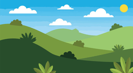 Obraz premium A cartoon depiction of rolling green hills, clouds and the sun