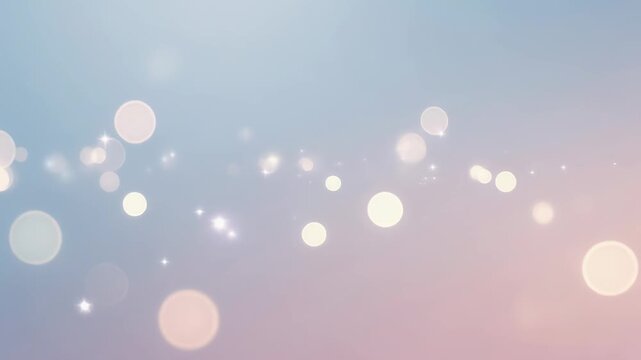 Soft glowing firefly lights drifting across pastel gradient sky with dreamy bokeh effect at dusk