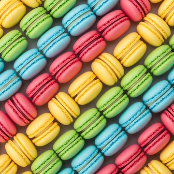 Vibrant colorful macarons arranged in rows on a plain background with a close-up overhead view.