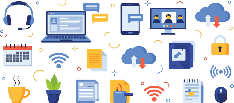 Digital Remote Team Collaboration Icon Set with Cloud Sync Data, High-Speed Wi-Fi Connectivity, Video Conferencing, and Online Business Productivity Vector Illustrations