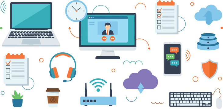 Digital Cloud Computing and IT Infrastructure Icon Set Featuring Server Data Storage, Cybersecurity Shield, Video Conferencing, and Remote Workspace Technology Vector Illustrations