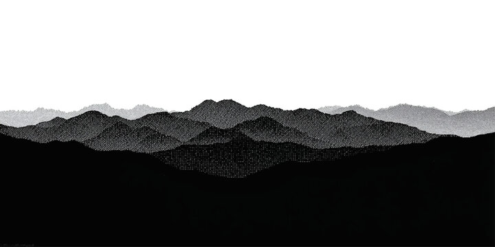 An abstract 3d animation of white snow covered mountain peaks isolated against a black landscape at sunrise as if crafted from nature on paper