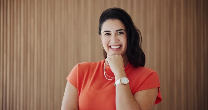 Face, smile and business woman with confidence, pride and happy event planner in office. About us, creative and portrait of venue coordinator, person and worker on wall background for career in Uk