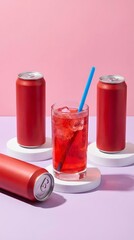 Obraz premium Red Beverage Cans and Glass of Red Drink with Blue Straw on Purple and Pink Background