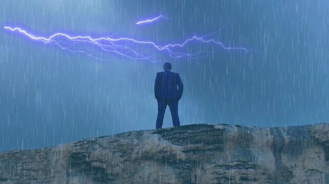 The silhouette of a man standing in thought during a storm