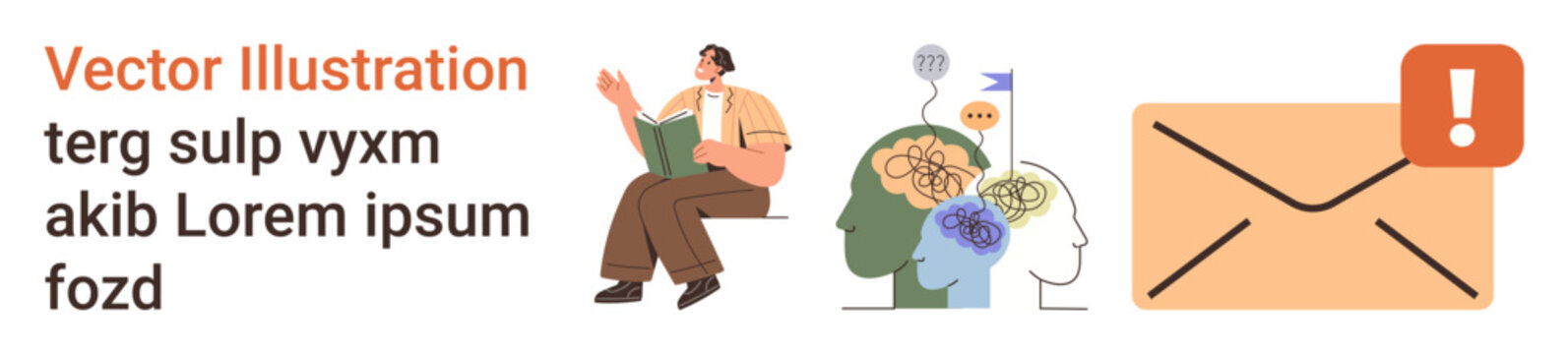 Education, brain processes, communication, knowledge sharing, mental health, notifications. Human reading, graphic heads with thoughts email symbol with alert. Knowledge sharing and brain processes