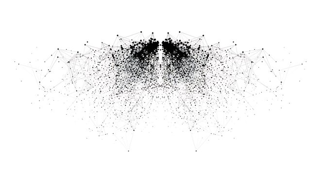 Abstract black ink splatter on white background with the shape resembles a butterfly or rorschach test inkblot