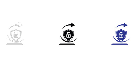 Naklejka premium Cyber Security Shield and Refresh Arrow Icon Set, Digital Data Protection System Vector Symbols in Outline, Glyph, and Flat Blue Styles for Software Update, System Recovery and Network Safety