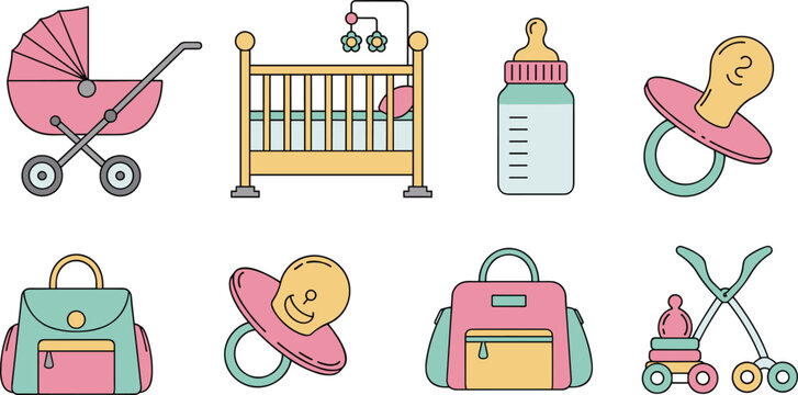 Baby care and nursery items icon set including stroller crib bottle pacifier backpack toys vector illustration colored isolated design collection