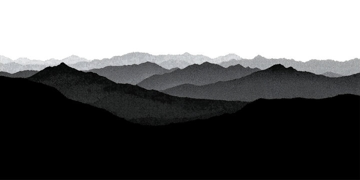 An abstract nature landscape of torn blue paper hills and ripped white clouds creates a misty mountain view during a morning sunrise with fog