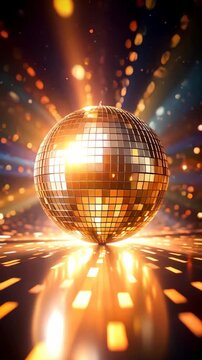 Golden disco ball reflecting light beams on a dance floor at a party