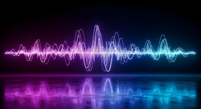 Vibrant neon sound wave pulsating across a dark reflective surface, illustrating digital audio spectrum and futuristic technology